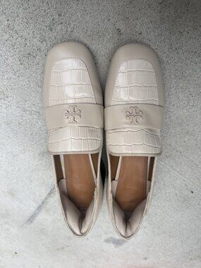 Tory Burch New Croc-Embossed Block Heel Loafers Cream Leather size 8.5